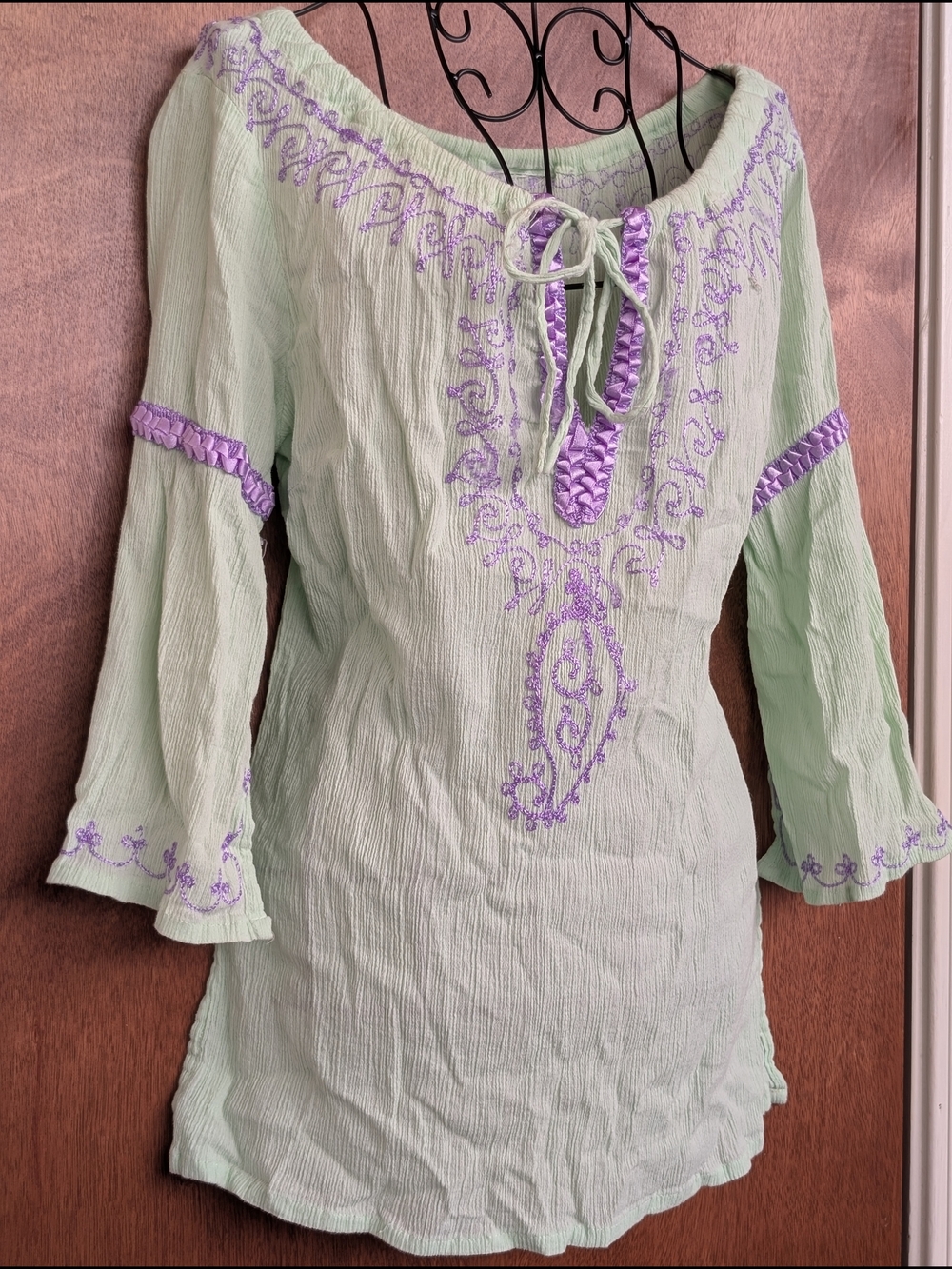 Embroidered Mint Green Peasant Tunic with Lavender Accents
